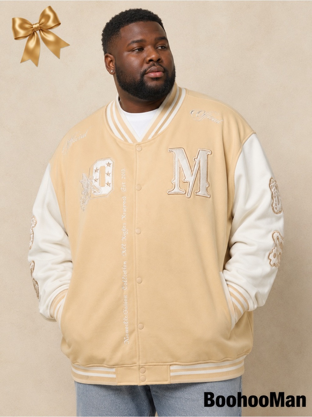 NWT BoohooMAN 5XL Beige Varsity Bomber Jacket Embroidered Oversized Snap Front